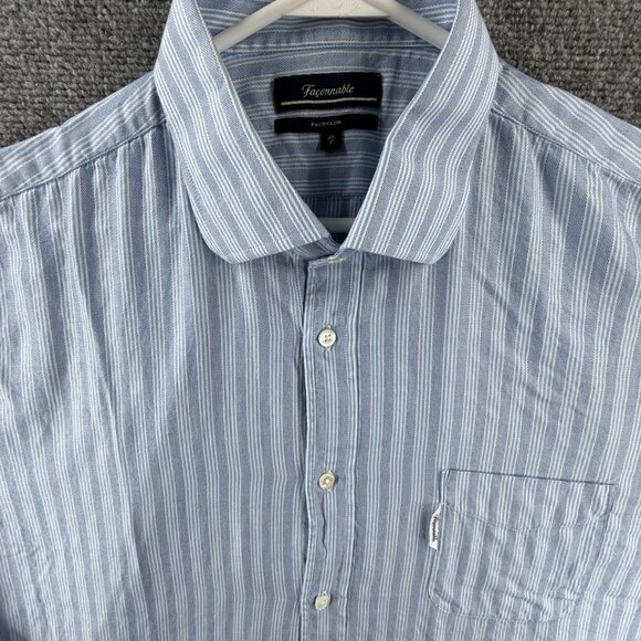 Faconnable Striped 7 Cotton Club Blue Pocket Men Shirt Button Up Long Sleeve - Picture 2 of 14